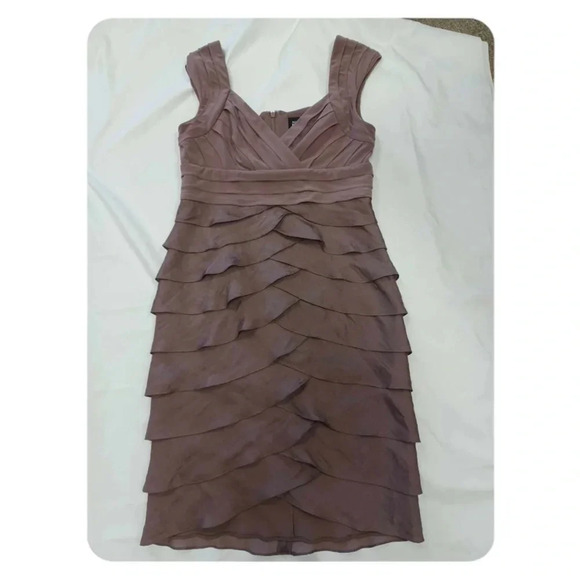 Adrianna Papell Shutter Pleat Ruffle Midi Taupe Sleeveless Dress Size  10 - Picture 7 of 11